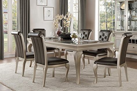 French Modern 7 Piece Dining Set with Glass Insert Top in Champagne Silver - Table & 6 Upholstered Chairs Metal Dining Table Design, Taupe Dining Room, Dining Table Design Ideas, Table Design Ideas, Dining Table With Leaf, Tufted Side Chair, Gold Dining, Set Meja Makan, Expandable Dining Table