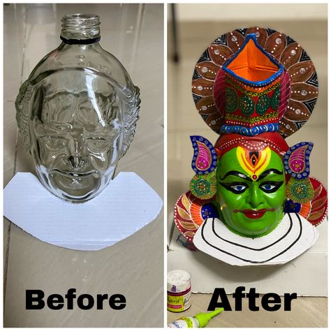 Transformation of old monk into kathakali face Old Monk Face Bottle Art, Old Monk Bottle Painting, Old Monk Bottle Art, Lipin Art, Nidhi Singh, Monk Design, Old Monk Rum, Kathakali Face, Pot Craft