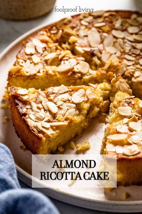 This Italian Lemon Almond Ricotta Cake is a flourless gluten-free cake recipe that's the perfect balance of creamy, zesty & oh-so-delicious. Almond Lemon Ricotta Cake, Ricotta Baked Goods, Lemon Blueberry Ricotta Cake, Almond Ricotta Cake, Lemon Almond Cake, Ricotta Dessert, European Desserts, Ricotta Cake Recipes, Almond Ricotta