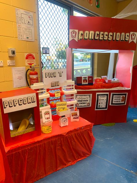 Diy Movie Theater Concession Stand, Movie Theater Concession Stand Ideas, School Concession Stand Ideas, Movie Concession Stand Ideas, Movie Night Concession Stand Ideas, Theatre Dramatic Play, Concession Stand Ideas Diy, Movie Theater Dramatic Play, Movie Night Concession Stand