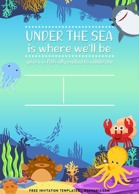 Free 9+ Under The Sea Themed Birthday Invitation Templates #free #freeinvitation2019 #birthday #disney #invitations #invitationtemplates Under The Sea Birthday Invitations, Sea Birthday Invitations, Under The Sea Invites, Underwater Birthday, Free Printable Birthday Cards, Ocean Theme Birthday, Birthday Invitation Card Template, Baby Birthday Invitations, Ocean Birthday