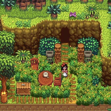 Frontier Farm Stardew Valley, Ginger Island House Design, Stardew Valley Mill Ideas, Stardew Valley Island Farm Layout, Stardew Ginger Island Farm, Stardew Valley Island Farm, Ginger Island House Stardew Valley, Stardew Forest Farm Layout, Standard Farm Layout Stardew