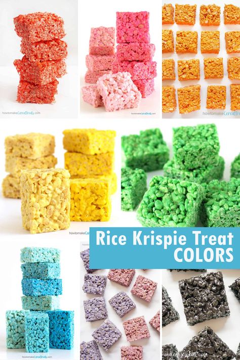 Rice Krispie Treat COLORS -- how to make any color cereal treats! Rice Krispie Treats With Jello, How To Color Rice Krispie Treats, Rice Krispie Treats With Frosting, Krispy Rice Recipes, Pineapple Rice Krispie Treats, Colored Rice Krispie Treats, Rice Krispie Treats For Birthday Party, Colorful Rice Crispy Treats, Christmas Rice Krispies Treats