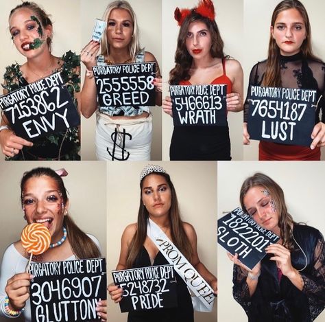 DIY, Halloween Costume, 7 Deadly Sins, Sloth, Pride, Gluttony, Lust, Wrath, Greed, Envy Wrath Costume, 7 Deadly Sins Sloth, First Halloween Costumes, 7 Sins, Halloween Costumes College Girls, Diy Halloween Costume, Halloween Costumes Friends, Creative Costumes, Group Costumes