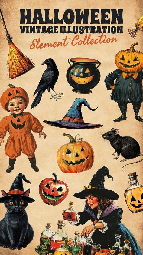 Editable Halloween vintage illustration design element set | premium image by rawpixel.com / Nunny Halloween Illustration Vintage, Elements Art, Black Cat Illustration, Black And Black, About Halloween, Vintage Elements, Halloween Illustration, Awesome Designs, Halloween Vintage