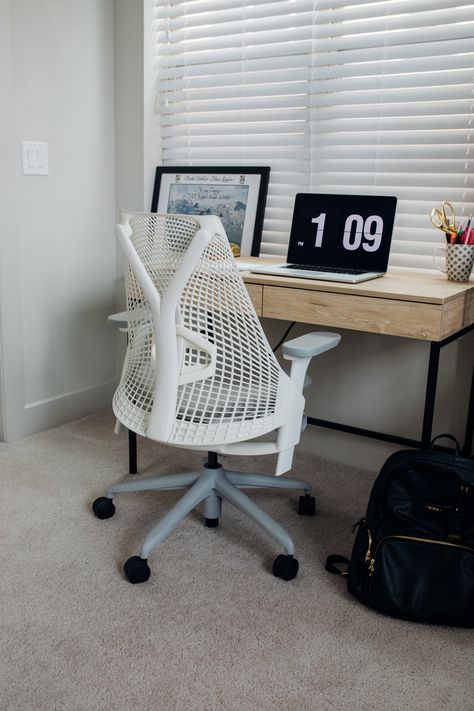 Herman Miller Sayl chair in white, writing desk, Fliqlo screensaver in Dallas Home office Herman Miller Desk Chair, Herman Miller Sayl Chair Home Office, Herman Miller Sayl Chair, Herman Miller Sayl, Herman Miller Desk, Working Chair, Fritz Hansen Furniture, Sayl Chair, White Writing Desk