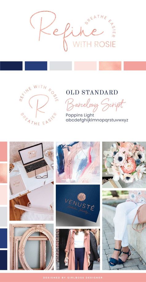 Sophisticated Branding with Blush, Rose Gold, & Navy Color Palette. Classic Logo Design and Feminine Moodboard Inspiration for Virtual Assistant & Strategist Business and Female Entrepreneur. You will love her soft, professional color palette inspiration! Design by Girlboss Designer. #logodesign #graphicdesign #branding #navybranding #goldbranding #colorinspiration #businessbranding #femaleentrepreneur #creativedesign #moodboard #blushbranding #girlbossdesigner Professional Color Palette, Color Palette Classic, Navy Branding, Navy Color Palette, Branding Checklist, Moodboard Inspiration, Business Colors, Branding Mood Board, Brand Color Palette