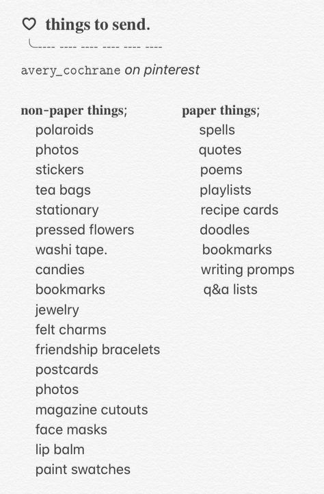 What To Put In Letters Aesthetic, Cute Things To Send In A Letter, Things To Write Letters About, What To Send In A Letter, Stuff To Put In Letters, Things To Put In Letters Gift Ideas, Send It Ideas, Things To Send In The Mail, How To Start A Letter To A Friend