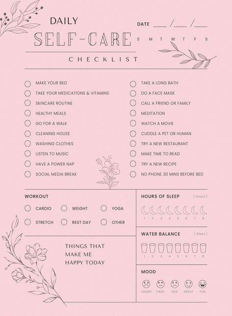 Diet Checklist, Selfcare Checklist Printable, Weekly Self Care Checklist, Self Care Checklist Free Printable, Daily Self Love Checklist, Self Care Checklist Daily Weekly Monthly, Before Bed Workout, Social Media Break, Healthy Family Meals