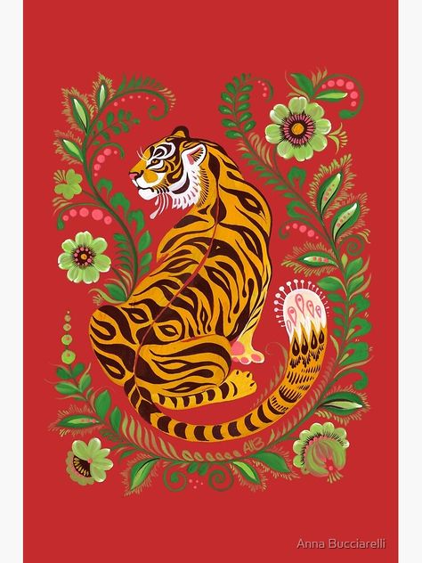 Folk Art Motifs, European Folk Art, Art Motifs, Chinese Folk Art, Modern Folk Art, Arte Folk, Tiger Illustration, Tiger Painting, Folk Art Flowers