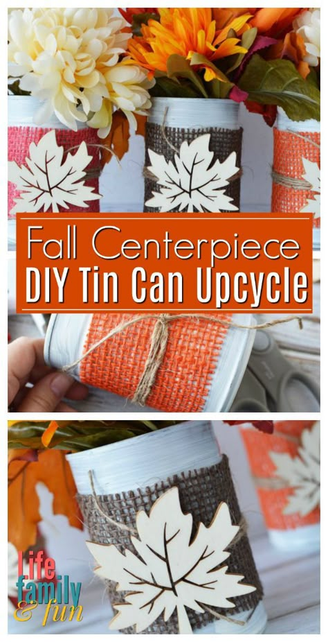 These Fall tin can centerpieces are an easy upcycle project that add a warm touch to your family's dinner table. Perfect for Thanksgiving too! #DIYFallCraft #FallCenterpieces via @winonarogers Fall Activities For Seniors, Elder Crafts, Can Centerpieces, Tin Can Centerpieces, Seasons Decorations, Elderly Crafts, Diy Fall Crafts, Thanksgiving Centerpieces Diy, Fall Centerpieces Diy