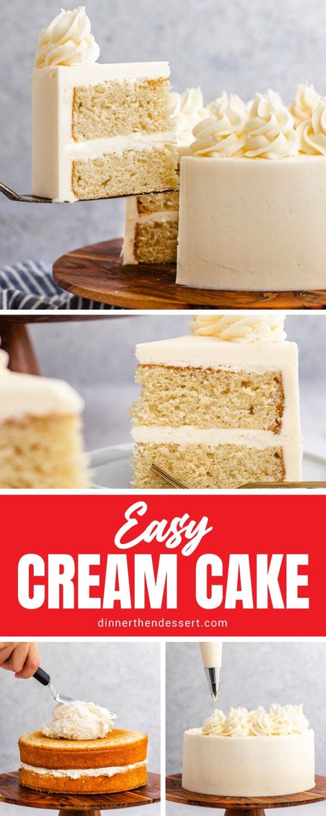 Cream Cake is an easy to make frosted layer cake. Rich fluffy vanilla cake recipe made with heavy cream and no butter, Simple but decadent! Fluffy Vanilla Cake Recipe, Vanilla Cake Recipe Moist, Fluffy Vanilla Cake, Cake Recipe Easy, Cupcake Cream, Cream Cake Recipe, Dessert Cookbooks, Vanilla Buttercream Frosting, Best Sweets