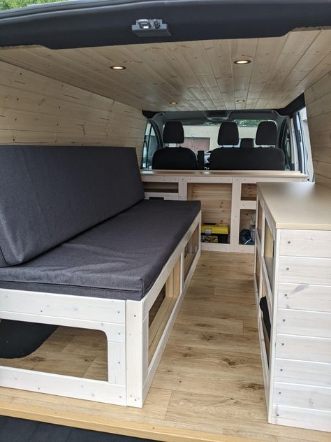 Easy DIY camper van interior in my Ford transit custom. Still missing cabinet doors. Ford Transit Custom Camper, Custom Van Interior, Camper Van Interior, Diy Camper Van, Ford Transit Custom, Custom Campers, Day Van, Transit Custom, Campervan Interior