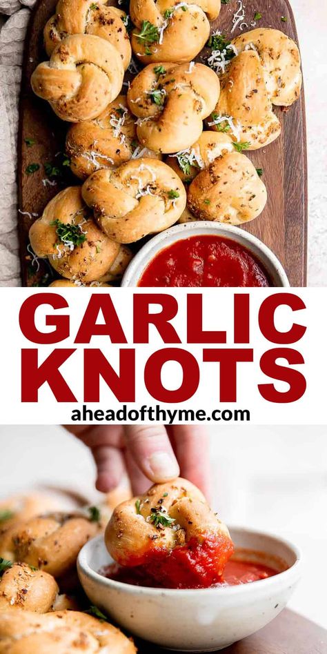 Garlic Knots Herbed Butter, Garlic Knots Recipe, Garlic Rolls, Italian Dinner Party, Thyme Recipes, Garlic Knots, Kneading Dough, Baked Garlic, Xmas Food