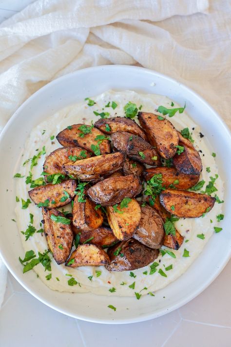 roasted Greek Potatoes with Whipped Feta - danishealthyeats.com Roasted Greek Potatoes, Healthy Roasted Potatoes, Greek Roasted Potatoes, Greek Lemon Potatoes, Greek Potatoes, Happy Dancing, Greek Seasoning, Healthy Family Dinners, Dinner Meal Prep