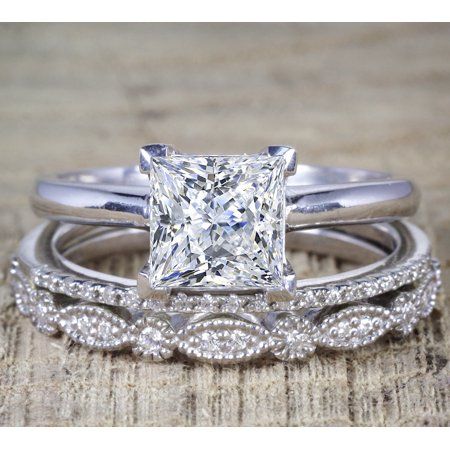 2 Carat Princess Wedding Ring Set - Bridal Set - Wedding Trio Set - Engagement Ring - Art Deco Ring - Promise Ring - Sterling Silver Image 1 of 4 Princess Wedding Rings, Trio Ring, Princess Cut Moissanite, Art Deco Wedding Band, Art Deco Engagement Ring, Bridal Ring Set, Art Deco Ring, Bridal Ring, Moissanite Diamonds