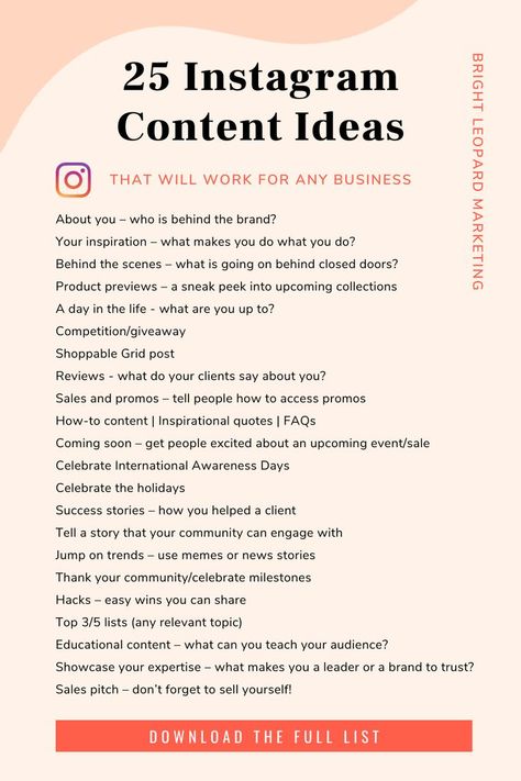 A list of 25 Instagram content ideas that will work for any business Content Ideas Instagram, What To Post On Instagram, Instagram Content Ideas, Social Media Marketing Planner, To Post On Instagram, Social Media Content Planner, Small Business Instagram, Behind Blue Eyes, Social Media Marketing Instagram