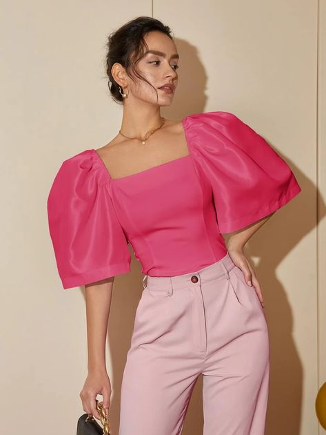 Square Neck Puff Sleeve Blouse | SHEIN USA Puffed Sleeves Top, Puffed Sleeves Blouse, Silk Blouse Outfit, Puffed Sleeve Top, Chique Outfit, Flirty Outfits, Trendy Activewear, Womens Lace Tops, Rose Bonbon