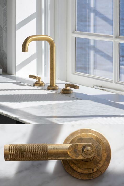 Villa Bathroom Design, Antique Brass Shower Fixtures, Rustic Bathroom Hardware, Brass Hardware Bathroom, Brass Shower Fixtures, Villa Bathroom, Industrial Faucet, Brass Bathroom Fixtures, Brushed Brass Bathroom