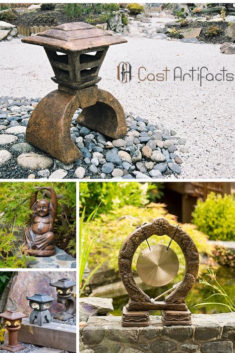 Unique & terrific concrete ornaments for a Japanese Garden. Many designs of Japanese lanterns, Buddha, koi and a meditation gong. Can be left outside year-round. Japanese Garden Statues, Front Garden Decor, Garden Deck Ideas, Japanese Garden Ornaments, Concrete Ornaments, Buddha Statue Garden, Japanese Garden Decor, Pagoda Garden, Japanese Theme