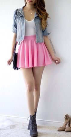 Pink Skirt Outfits, Skater Skirt Outfit, Black Pinterest, Cute Skirt Outfits, Spring Jewelry, Skirt Outfit, Pink Skirt, Cute Skirts, Girly Outfits