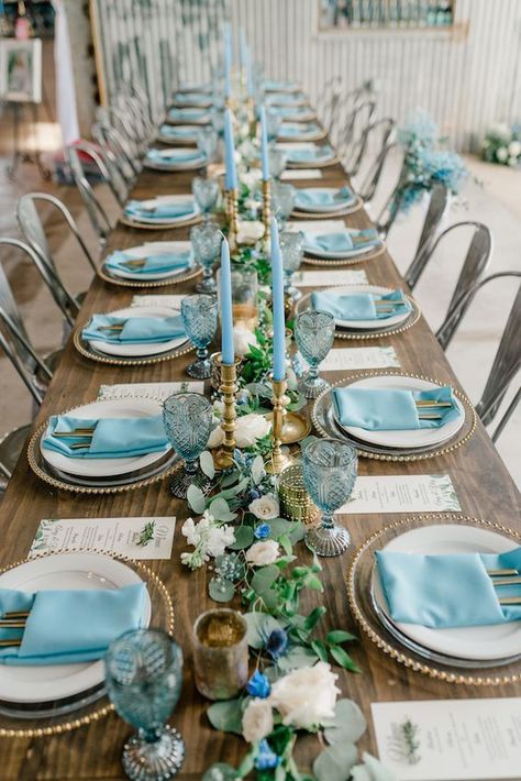 Whimsical Head Table Wedding, Blue Wedding Set Up, Gold Green Blue Wedding, Sky Blue And Green Wedding, Blue Candle Sticks Wedding, Green And Blue Tablescape, Turquoise Blue Wedding Theme, Green And Blue Party Decorations, Touch Of Blue Wedding