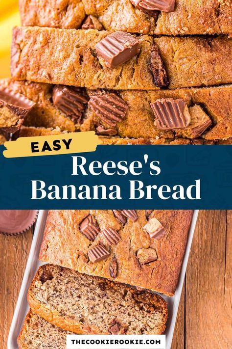 Peanut Butter Cup Banana Bread, Cup Banana Bread, Peanut Butter Dessert Recipes, Dessert Breads, Reese's Peanut Butter Cup, Peanut Butter Banana Bread, Peanut Butter Bread, The Cookie Rookie, Cookie Rookie