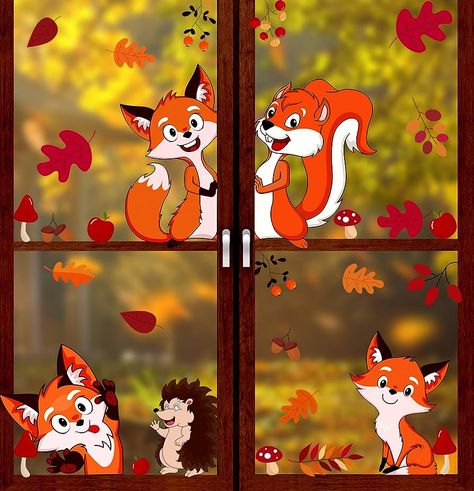 Amazon.com: VEYLIN 6Sheet 150Pcs Thanksgiving Window Clings, Cute Cartoon Fall Animal Window Stickers for Seasonal Decorations : Home & Kitchen Classroom Window Decorations, Fall Window Decorations, Thanksgiving Centerpieces Diy, Painted Window Art, Beautiful Happy Birthday, Deco Orange, Fall Classroom Decorations, Centerpiece Craft, Woodland Animal Art