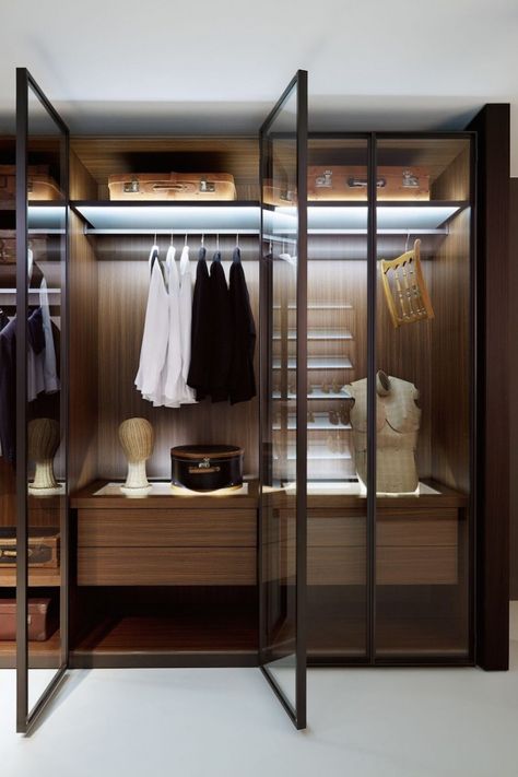 Observed recently: closets and wardrobes with glass doors to encourage orderliness (and easy access on rushed mornings). Best Closet Systems, A Walk In Closet, Glass Closet, Modular Closets, Dressing Room Closet, Walking Closet, Walk In Closet Design, Wardrobe Designs, Open Closet