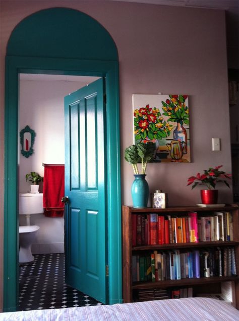 paint an arch over the door to add extra detail. LOVE that idea for a tall wall... we have some of those! 2023 Boho Home Decor, Mint Bedroom, Office Redo, Bohemian Homes, Turquoise Door, Painted Interior Doors, Wall Pops, Creative Spaces, Wall Paintings