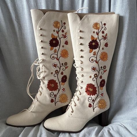 THE HIPPIE SHAKE PENNY LANE CREAM FLORAL EMBROIDERED... - Depop Penny Lane Shoes, Hippie Shake Boots, Penny Lane Boots, Whimsical Fits, The Hippie Shake, Lane Boots, Embroidered Boots, 2024 Style, Thrift Finds