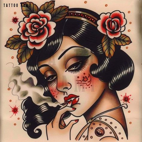 American Trad Pinup, American Traditional Art Paintings, Trad Chest Tattoo Female, Traditional Tattoo Girl Head, Woman Head Tattoo, American Traditional Pinup, Traditional Tattoo Woman Face, Traditional Tattoo Pin Up, Traditional Tattoo Girls