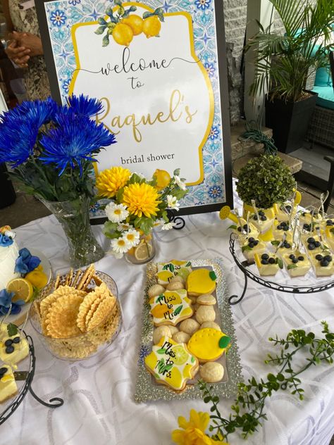 Lemon And Blue Themed Bridal Shower Ideas, Lemon Bridal Shower Theme Table Decor, Bridal Shower Food Layout, Bridal Shower Tuscan Theme, Sicilian Bridal Shower Theme, Mediterranean Themed Bridal Shower Ideas, Lemon Brunch Theme, Lemons Bridal Shower Theme, Limoncello Themed Party