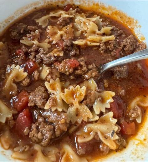 Ground Beef And Macaroni Tomato Soup, Bowtie Soup Recipes, Macaroni And Beef Soup, Bowtie Pasta Soup, Mini Bow Tie Pasta Recipes, Bow Tie Pasta Recipes Ground Beef, Bow Tie Soup, Beef And Tomato Macaroni Soup, Tomato Macaroni Soup Recipe