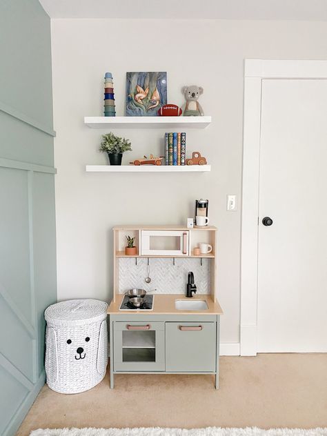 Sage Green & Neutral Superhero Playroom - Project Nursery Mint Green Playroom, Toy Room Paint Colors, Green Playroom Ideas, Neutral Playroom Paint Colors, Playroom Wall Color Ideas, Sage Green Playroom, Sage Green Kids Room, Muted Playroom, Playroom Colors Paint