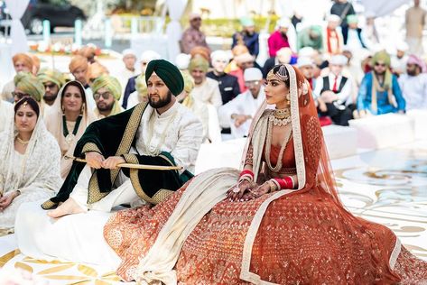 A Gorgeous Day Wedding With A Bride In A Burnt Orange Wedding Lehenga! | WedMeGood Orange Wedding Lehenga, Burnt Orange Wedding, Orange Lehenga, Sikh Bride, Anand Karaj, Exquisite Decor, Indian Bridal Lehenga, Wedding Guest Style, Wedding Reception Dress