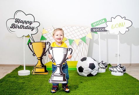 #Football #Soccer #Children’s Party #PhotoBooth Inspiration Photobooth Idea, Olympic Theme Party, National Sports Day, Party Photobooth, Olympic Theme, Football Crafts, Olympic Party, Sports Theme Birthday, Birthday Decorations Kids