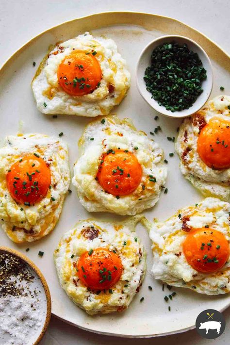 A quick, delicious and low-carb recipe for Cloud Eggs that can be made in under 20 minutes! We filled ours with bacon, cheese and chives, but they're so versatile and can be filled with different mix-ins of choice. It's a tasty breakfast and brunch dish we love making for a crowd! #eggs #breakfast #recipe #yummy Cloud Eggs, Original Pancake House, Spoon Fork Bacon, Breakfast Burritos Recipe, Breakfast And Brunch, Eggs Recipe, Brunch Dishes, Sauteed Vegetables, Spoon Fork