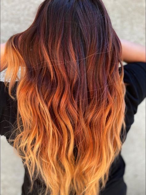 Brown And Orange Ombre Hair, Brown To Vivid Ombre, Dark Brown To Orange Ombre, Sunset Ombré Hair, Brunette Copper Ombre, Cowboy Copper Ombre Hair, Copper Dip Dye Hair, Cowboy Copper Ombré, Copper Ombré Hair