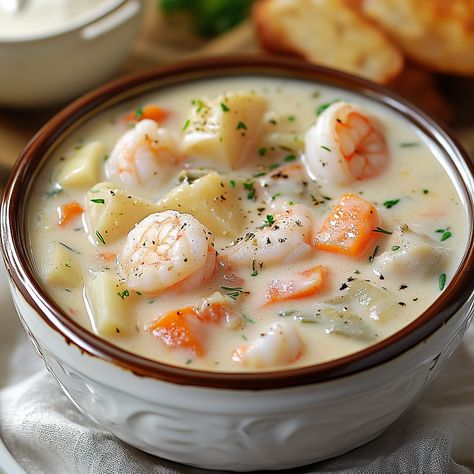 Healthy Fish Chowder Recipe, Seafood Chowder Recipe Easy, Oyster Chowder, Fish Chowder Recipe, Seafood Chowder Recipe, Creamy Seafood, Chicken Dumpling Soup, Chowder Recipes Seafood, Cream Soup Recipes