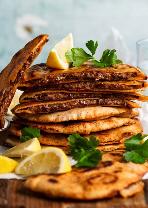 Stack of Arayes - Lebanese Meat Stuffed Crispy Pita Yogurt Dipping Sauce, Pita Pockets, Tasty Meat, Recipetin Eats, Recipe Tin, Lebanese Recipes, Pita Bread, Middle Eastern Recipes, Quesadillas