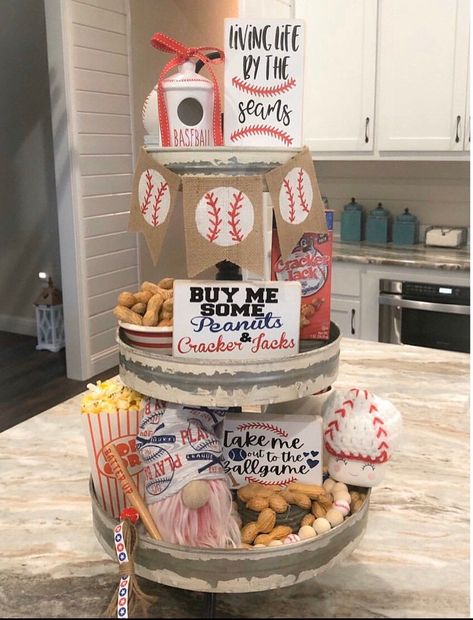 Baby Shower Snack Table, Painted Banner, Three Tier Tray, Interior Entrance, Baseball Banner, Tiered Tray Diy, Gingerbread Christmas Decor, Baseball Theme, Tray Design