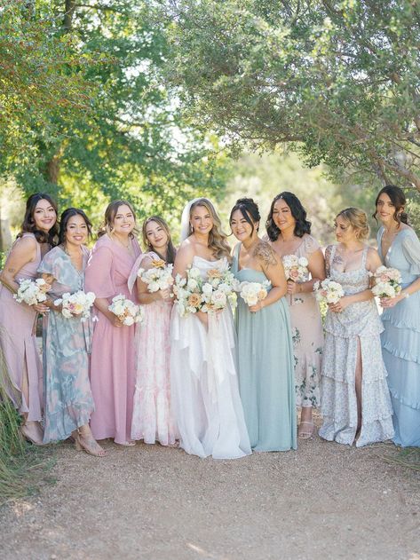 Looking for pastel bridesmaid dresses? These mismatched bridesmaids in shades of pink green and blue are stunning!  See the the full gallery on Style Me Pretty's blog!Photography: Paige Vaughn Photo (http://www.paigevaughnphoto.com) Green Blue Purple Bridesmaid Dresses, Pink Green And Blue Bridesmaid Dresses, Pink And Blue Bridesmaids, Blue And Pink Bridesmaid Dresses, Pink And Blue Bridesmaid Dresses, Pastel Bridesmaid Dresses Mismatched, Spring Wedding Bridesmaids Dresses, Blue And Pink Wedding Theme, Pastel Colour Bridesmaid Dresses