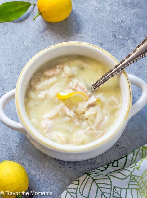 Slow Cooker Greek Lemon Chicken Soup {Avgolemono} is creamy chicken soup with a rich, egg lemon broth made easier in your crock pot! @FlavortheMoment Greek Lemon Chicken Soup Avgolemono, Lemon Curd Dessert, Crockpot Dump Recipes, Lemon Rice Soup, Gluten Free Soup Recipes Glutenfree, Campbells Soup Recipes, Greek Lemon Chicken Soup, Lemon Soup, Lemon Chicken Soup