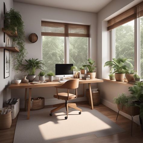 Home office 🤍 Earth Tone Home Office, Scandinavian Home Office Ideas, Japanese Desk Setup, Earthy Office Space, Desk Against Window, Earth Tone Office, Apothecary Office, Nature Inspired Office, Boho Office Room