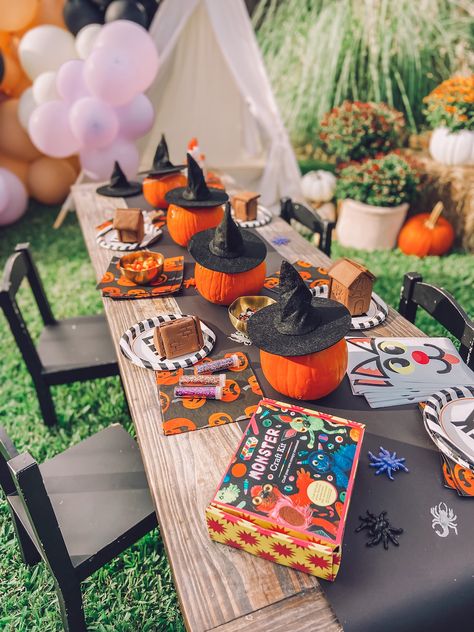 Outside Halloween Birthday Party, Halloween Kids Birthday Party Ideas, Halloween Theme Kids Birthday Party, Halloween 6th Birthday Party, Halloween 3rd Birthday Party Decor, 5th Halloween Birthday Party, Kids Pumpkin Decorating Party, Halloween Themed 3rd Birthday Party, 2nd Halloween Birthday Party