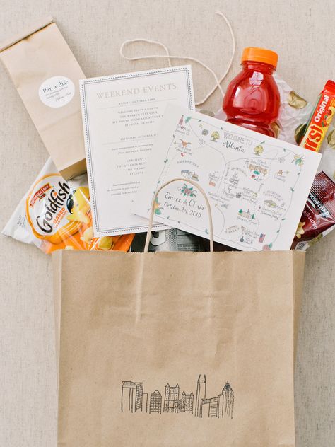 Give your guests a taste of the urban venue they're heading to with a scene of the city's skyline printed on your welcome bags, like this couple did. Wedding Welcome Baskets, Hotel Welcome Bags, Welcome Baskets, Welcome Bag, Break The Rules, Wedding Welcome Bags, Beach Wedding Favors, Wedding Souvenirs, Welcome Bags