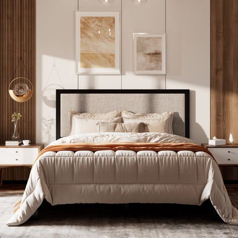 Zipcode Design™ Aquavia Metal Platform Bed Frame with Upholstered Headboard | Wayfair Metal Upholstered Bed, Upholstered Headboard Bedroom, Essex Boys, Mounted Headboard, Simple Headboard, Headboard Upholstered, Headboard Ideas, Wingback Bed, Texas House