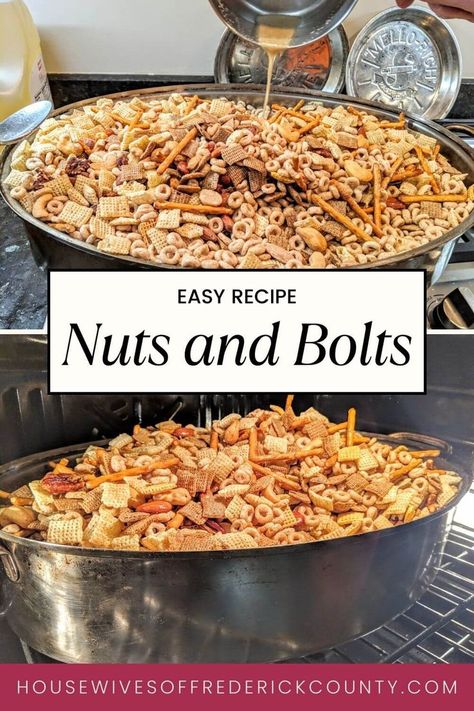 nuts and bolts recipe Recipe For Nuts And Bolts, Chex Cereal Recipes, Nuts And Bolts Recipe, Savory Chex Mix Recipes, Homemade Trail Mix Recipes, Savory Chex Mix, Christmas Snack Mix, Party Mix Snacks, Homemade Chex Mix