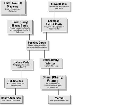 The Outsiders: The Outsiders Book Summary & Study Guide | Character Map | CliffsNotes The Outsiders Character Chart, The Outsiders Book, Outsiders Book, S E Hinton, Outsiders Imagines, Rugby Mom, Ponyboy Curtis, Novel Activities, Character List